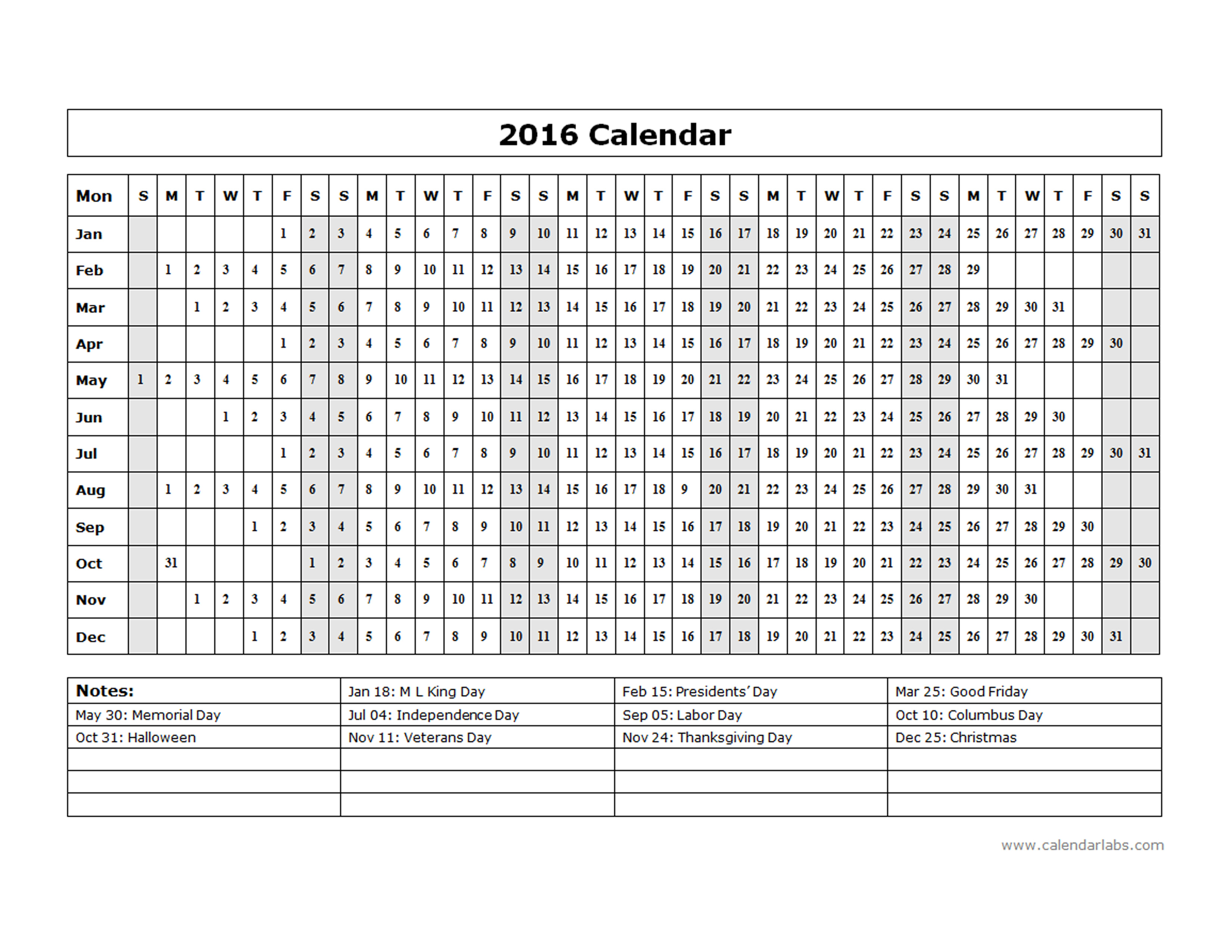 2016 Yearly Calendar Template 15L - Free Printable Templates
