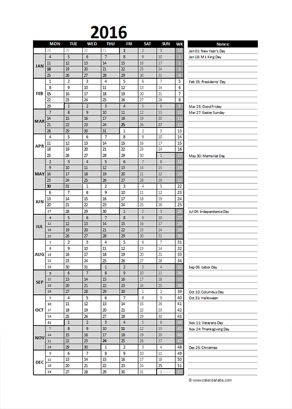 2016 Excel Yearly Calendar 07 Free Printable Templates