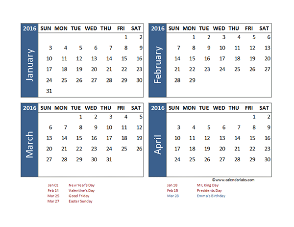 2016 Excel 4 Month Calendar Template  Free Printable Templates