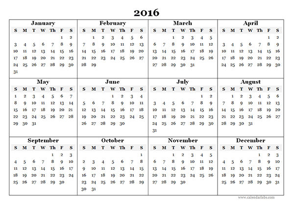 View Calendar: 2016 Yearly Calendar Template 07