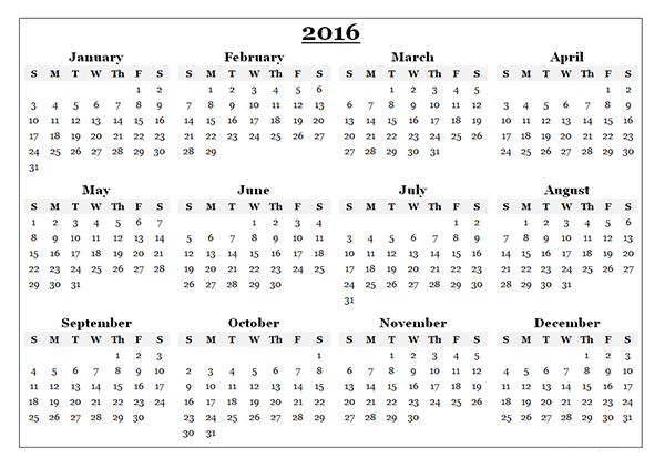View Calendar: 2016 Yearly Calendar Template 08