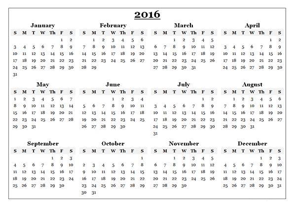 calendar 2016