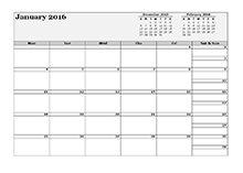 2016 three month calendar