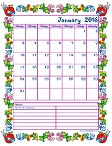 2016 monthly calendar for kids
