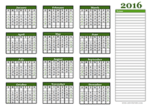 2016 yearly calendar landscape