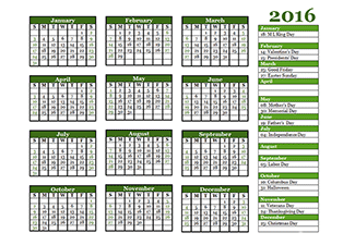 2016 yearly calendar