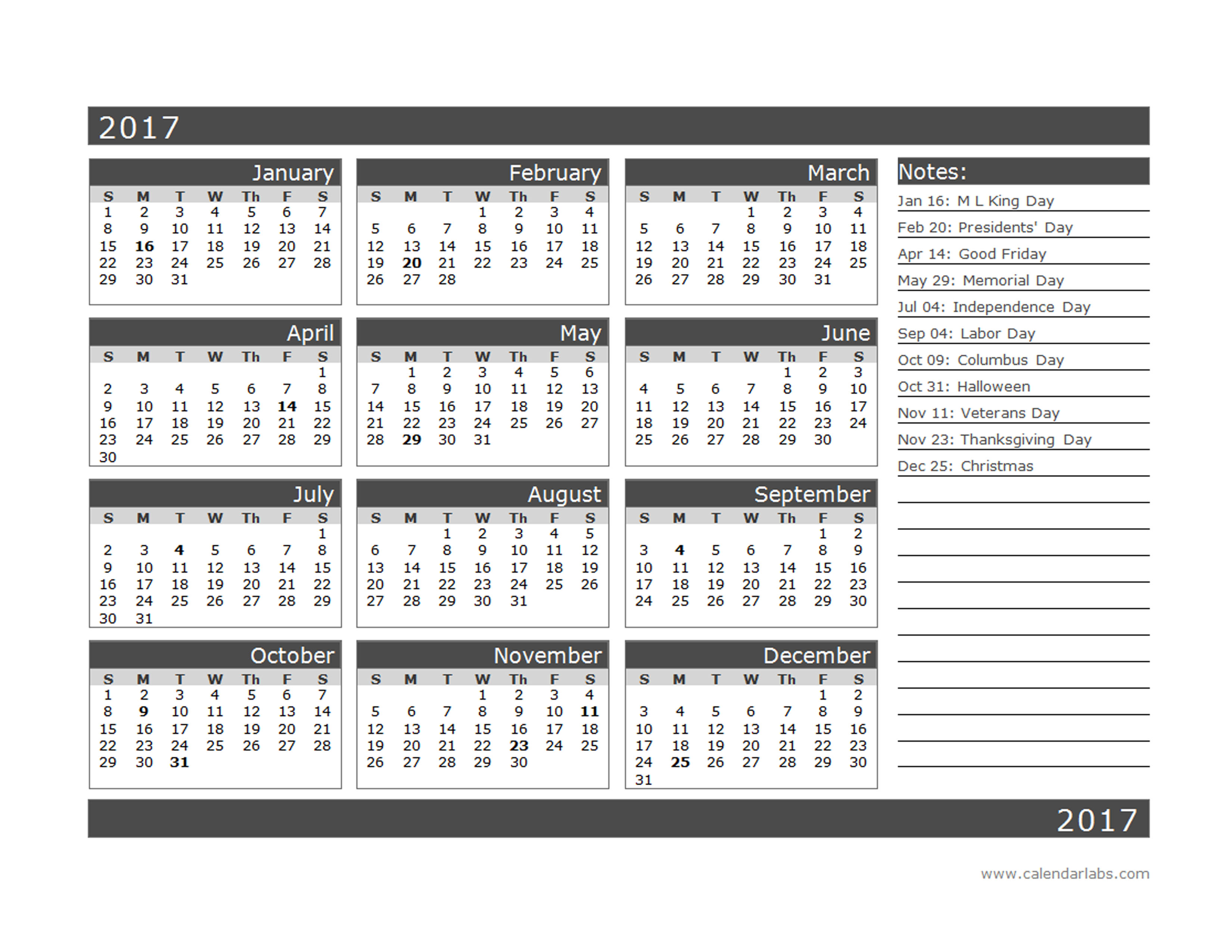 2017 12 Month Calendar Template One Page Free Printable Templates
