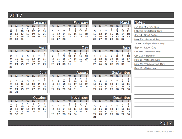 2017 12 Month Calendar Template E Page Free Printable