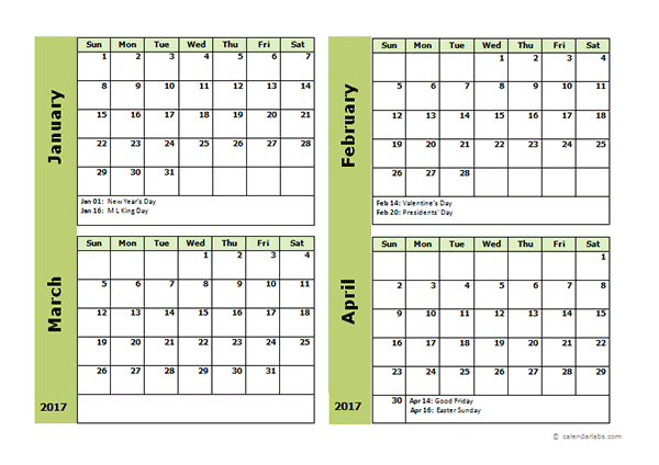 2017 Four Month Calendar Template  Free Printable Templates