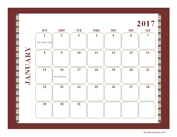 2017 Monthly Calendar Template Large Boxes Free Printable Templates