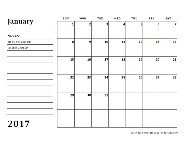 2017 Monthly Calendar Template With Notes Free Printable Templates