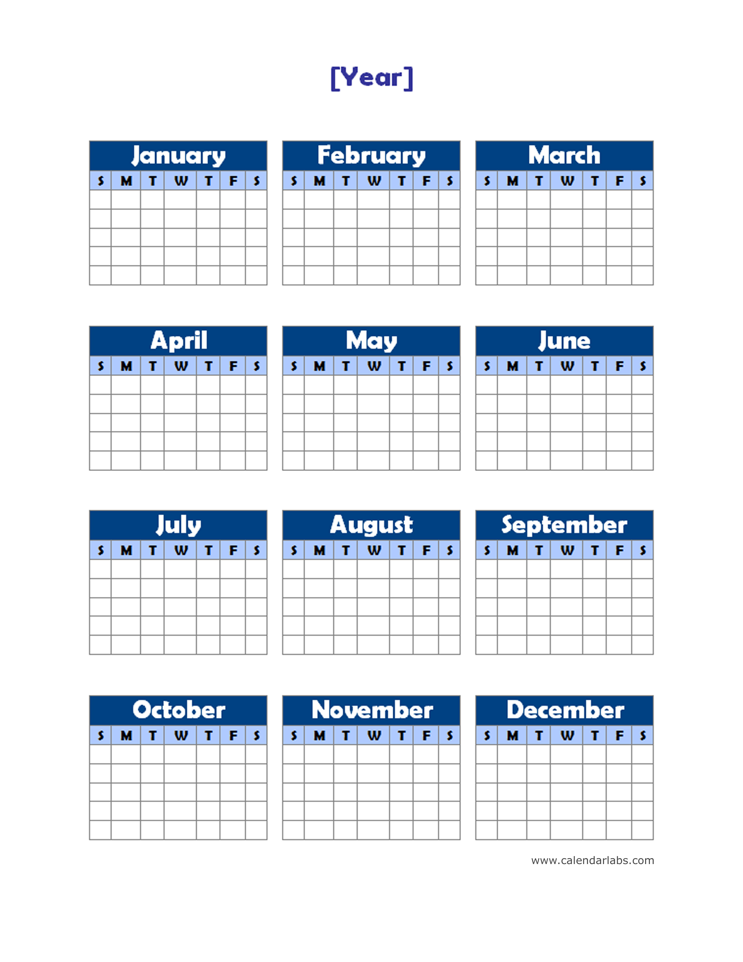 Yearly Blank Calendar Potrait Free Printable Templates