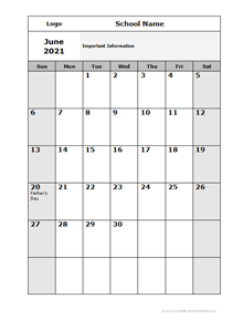 2021 Monthly School Calendar June - September