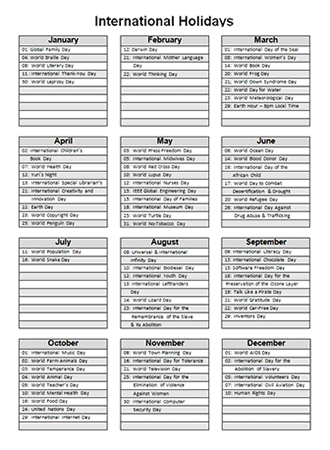 International calendar holidays