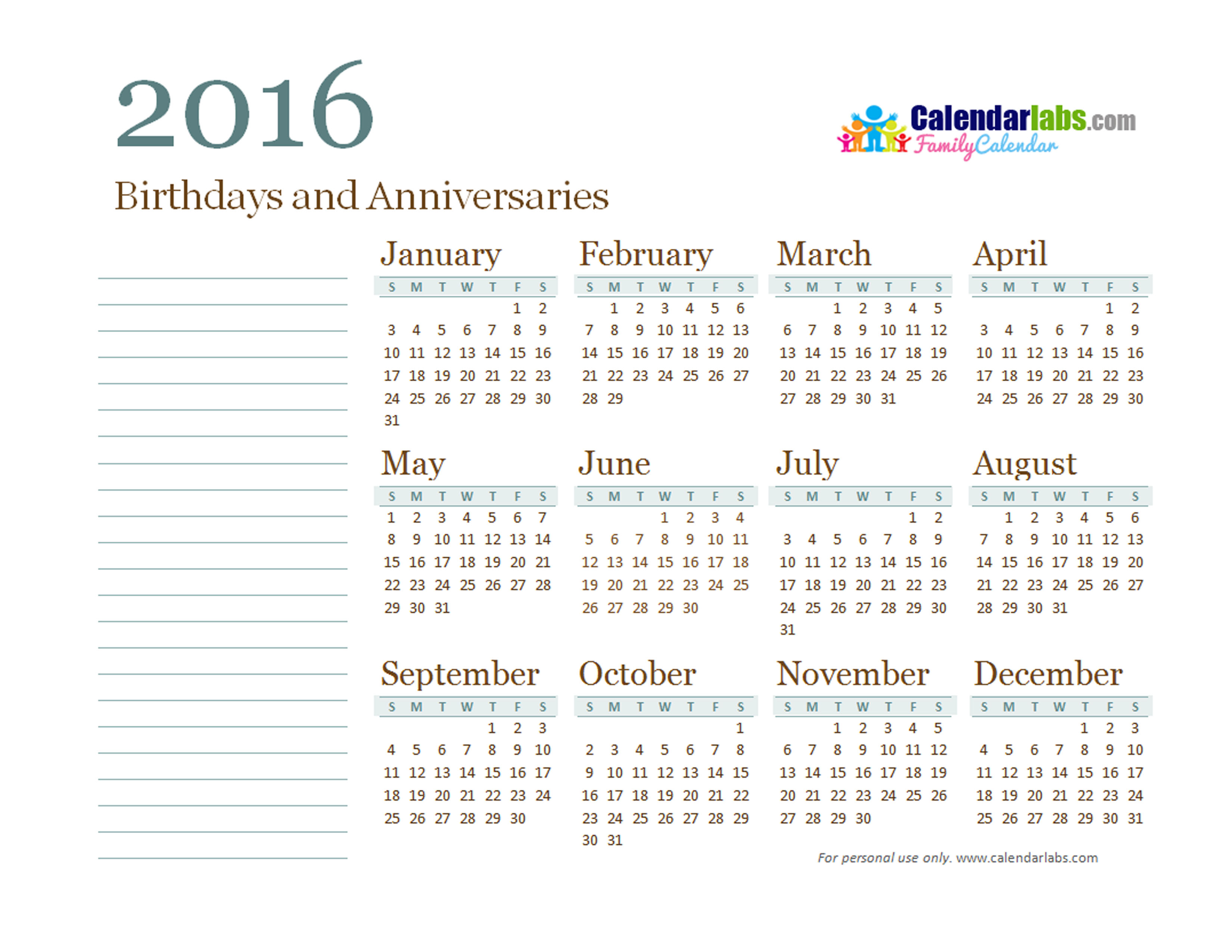2016 yearly family calendar free printable templates