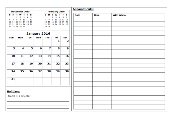 2016 Three Month Appointment Calendar Template - Free Printable Templates