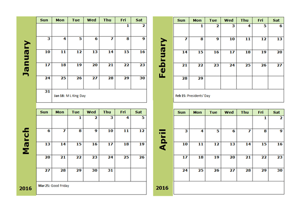 2016 four monthly calendar template free printable templates 2016 four monthly calendar template free printable templates