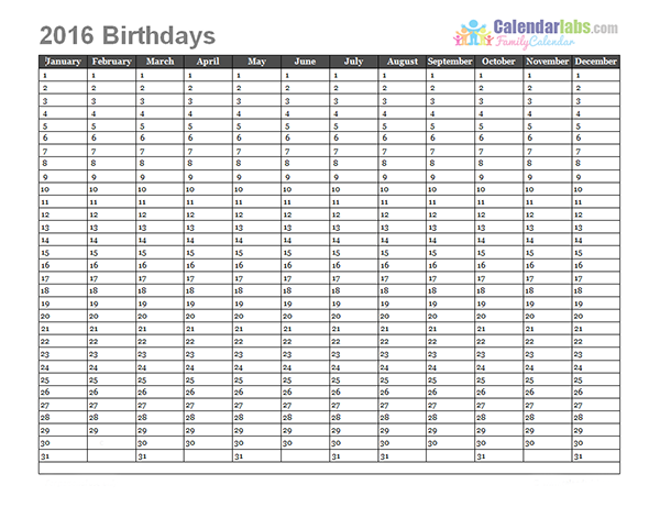 2016 Birthday Calendar Template