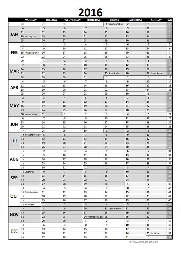 2016 Excel Yearly Calendar 06 Free Printable Templates