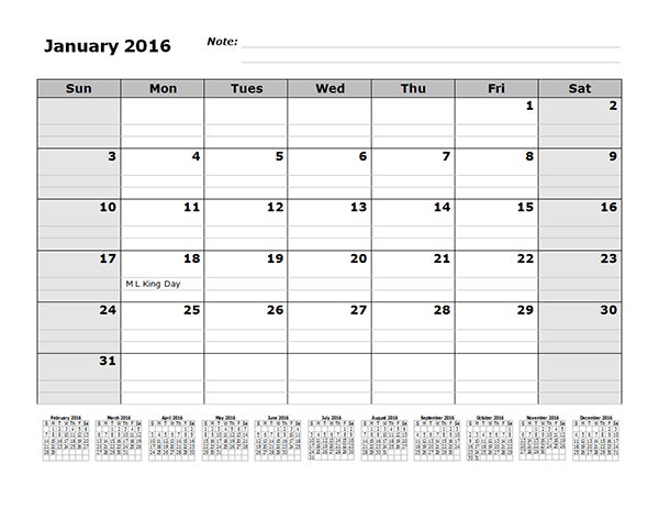 2016 Monthly Calendar Template with 12 Months References
