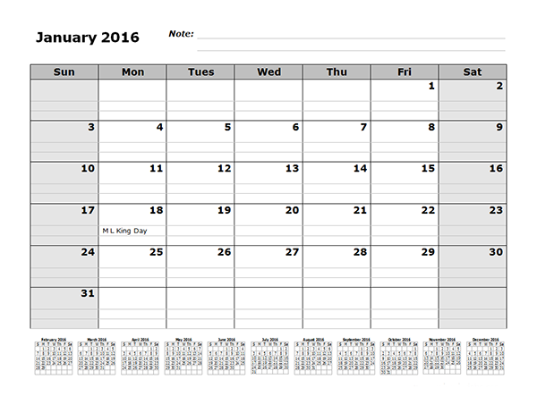 2016 Monthly Calendar Template With 12 Months References