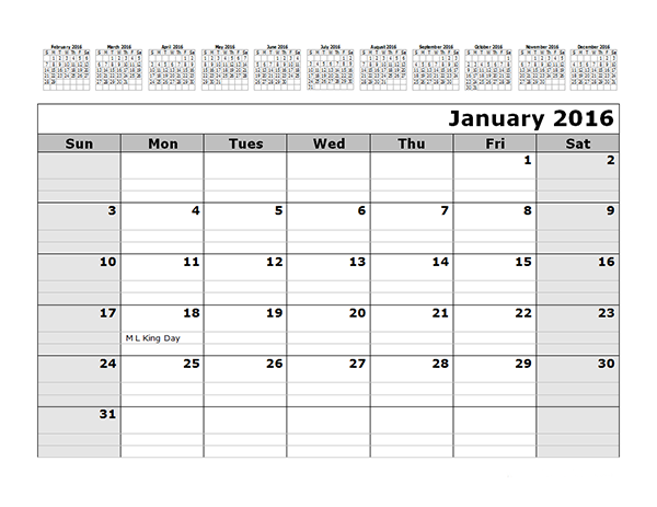 2016 Monthly Calendar Template with 12 Months at Top