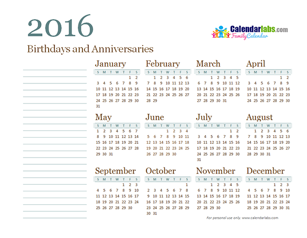 2016 Yearly Family Calendar