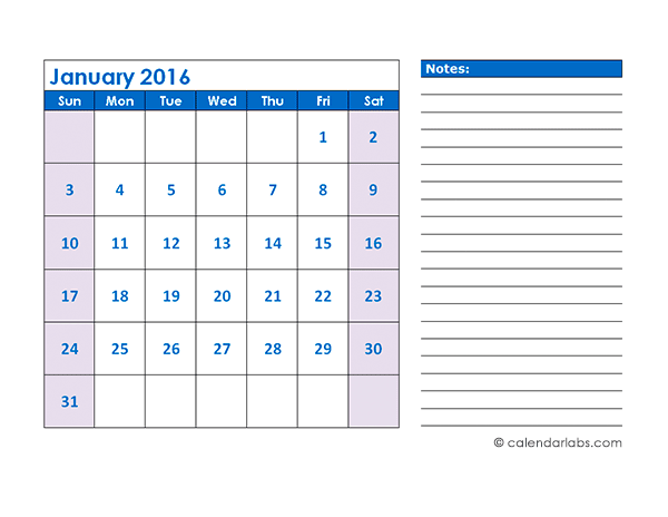 2016 Blank Printable Calendar