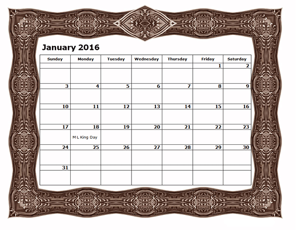 2016 Monthly Calendar Template 09