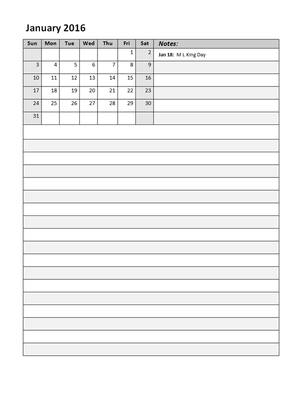 2016 Monthly Calendar Template 10