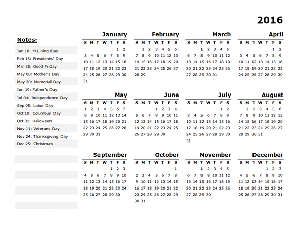 2016 Yearly Calendar Template 11