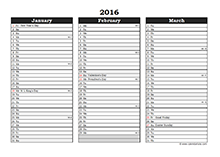 2016 three month excel calendar portrait
