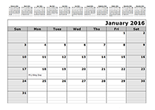 2016 Monthly Calendar Template with 12 Months at Top