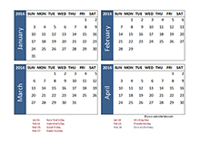 2016 four month calendar template