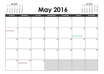 2016 Excel 4 Month Calendar Template - Free Printable Templates