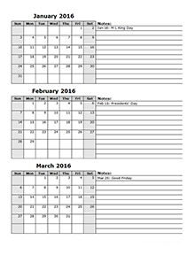 2016 Quarterly Calendar Spreadsheet