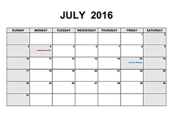2016 Monthly Calendar PDF