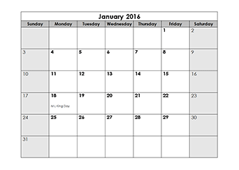 2016 Monthly Calendar