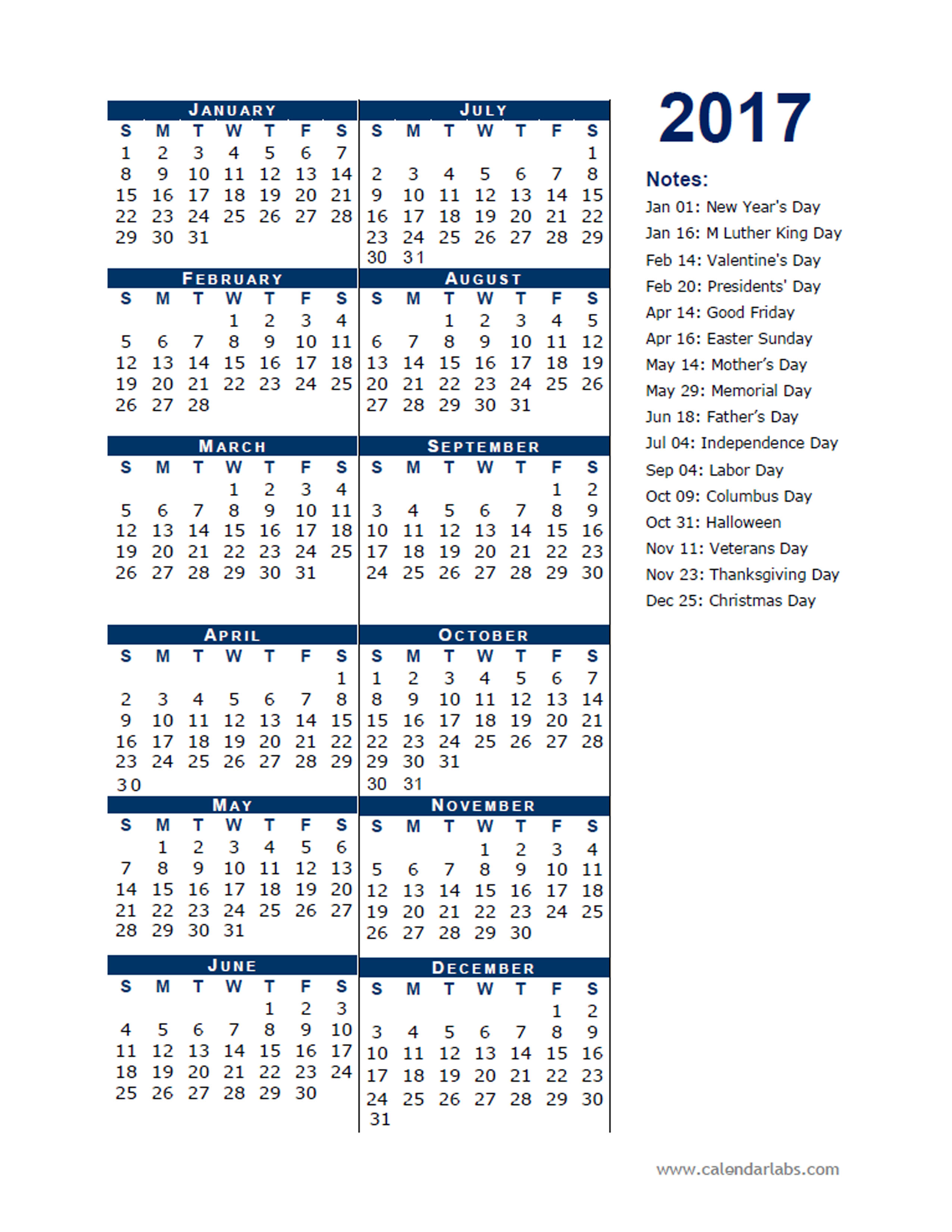 2017 Calendar Template Half Page Free Printable Templates