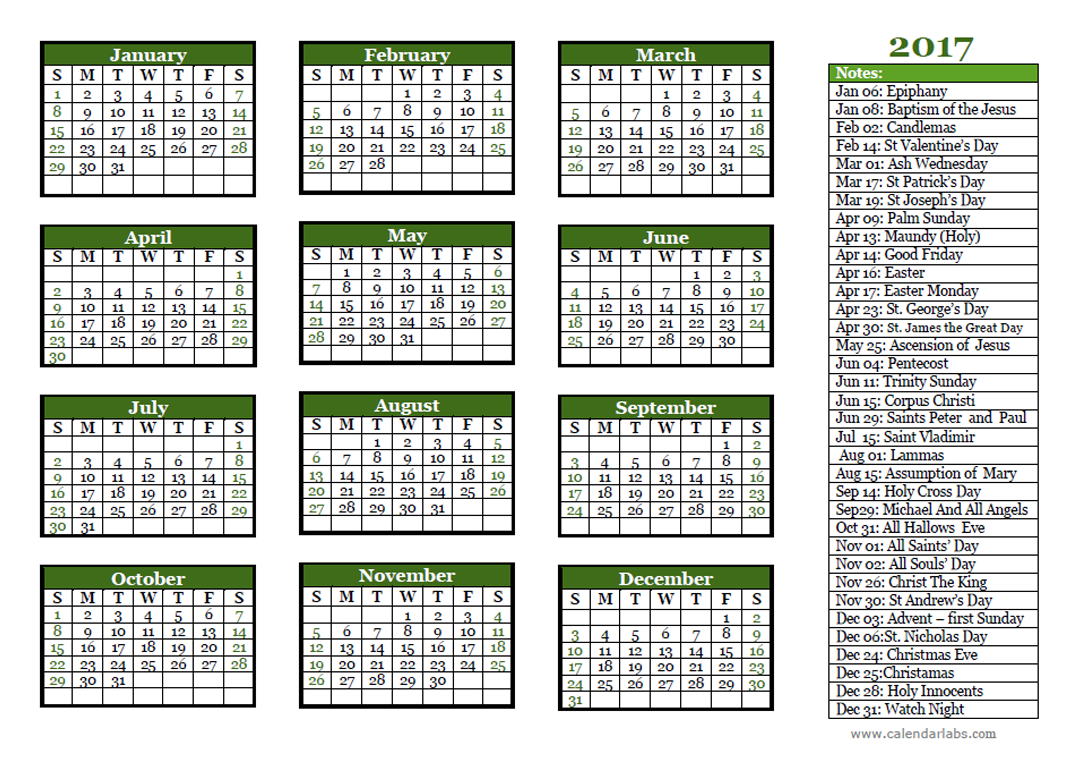 2017 Christian Festivals Calendar Template - Free Printable Templates