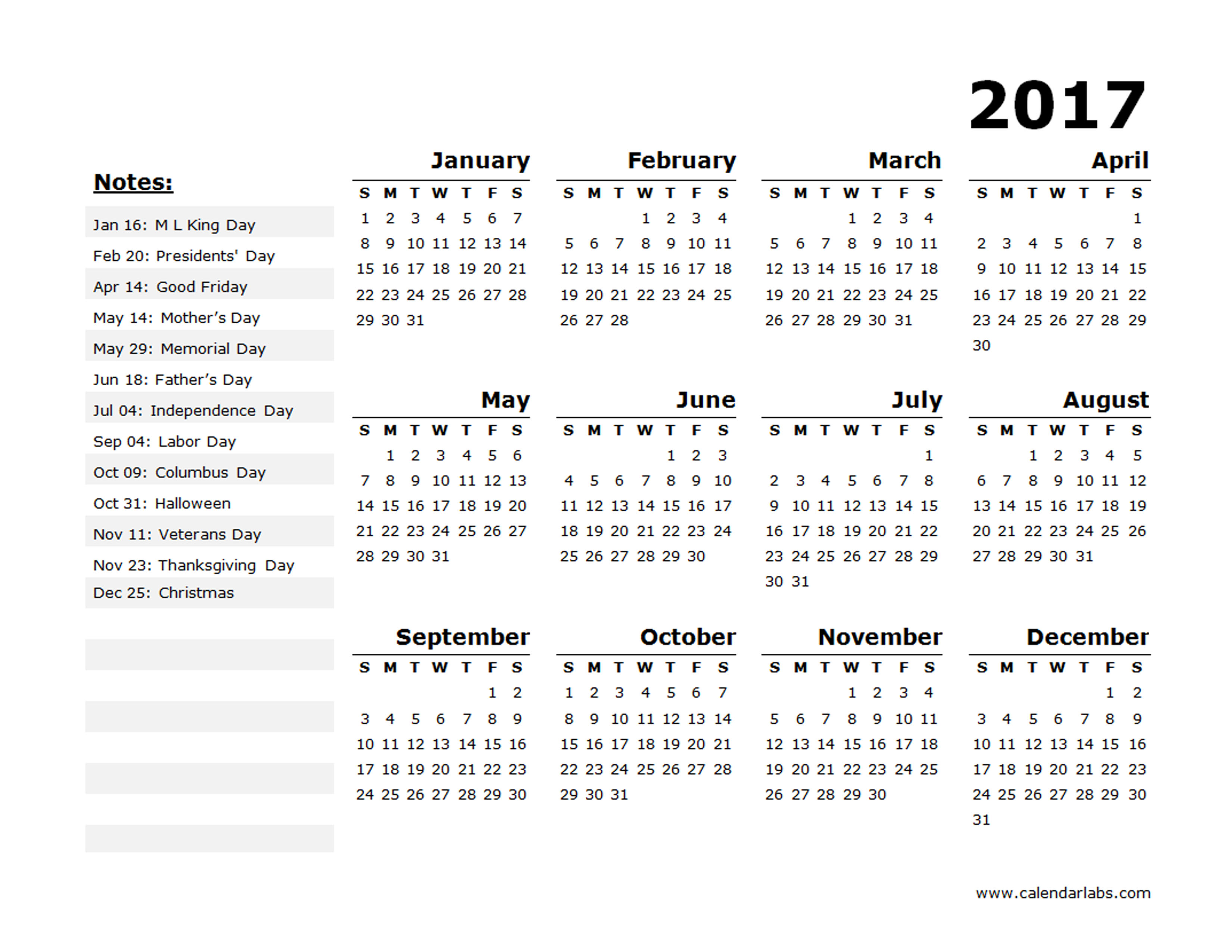 2017 Year Calendar Template US Holidays 02 Free