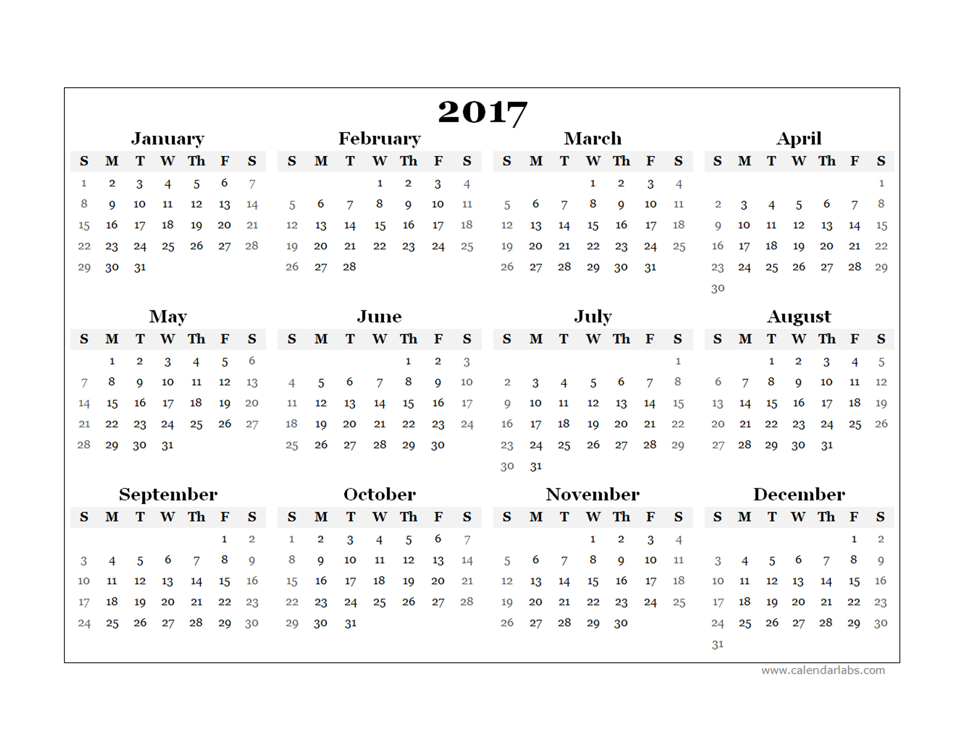 2017 Yearly Blank Calendar Template Free Printable Templates