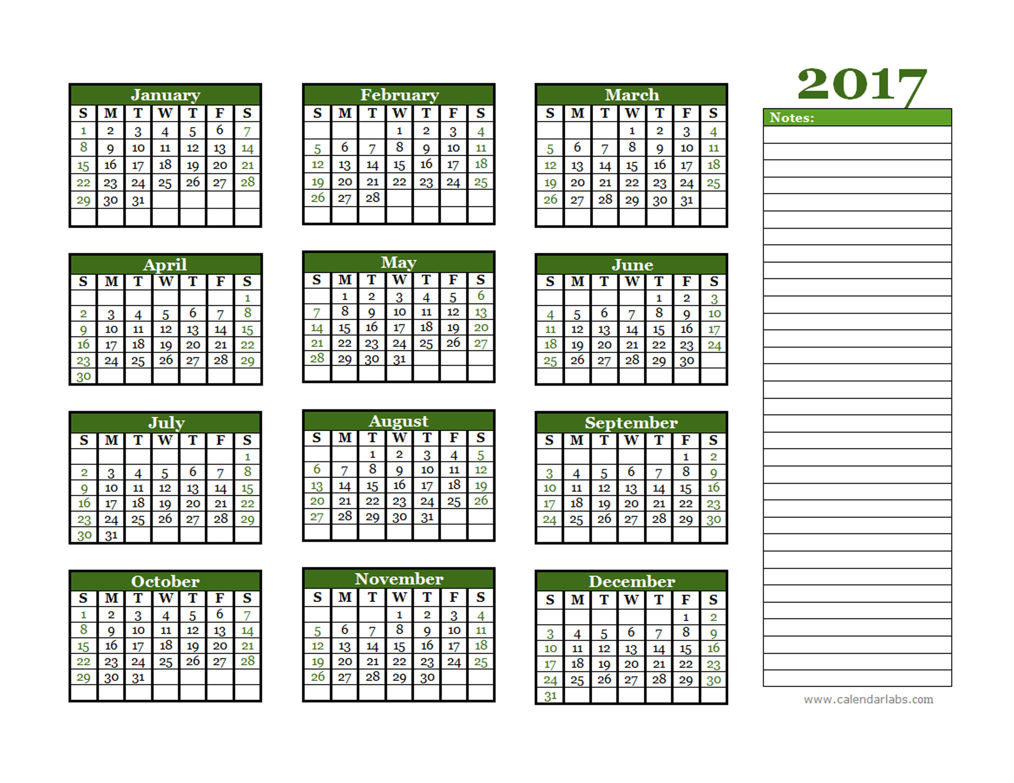 2017 Yearly Calendar With Blank Notes - Free Printable 