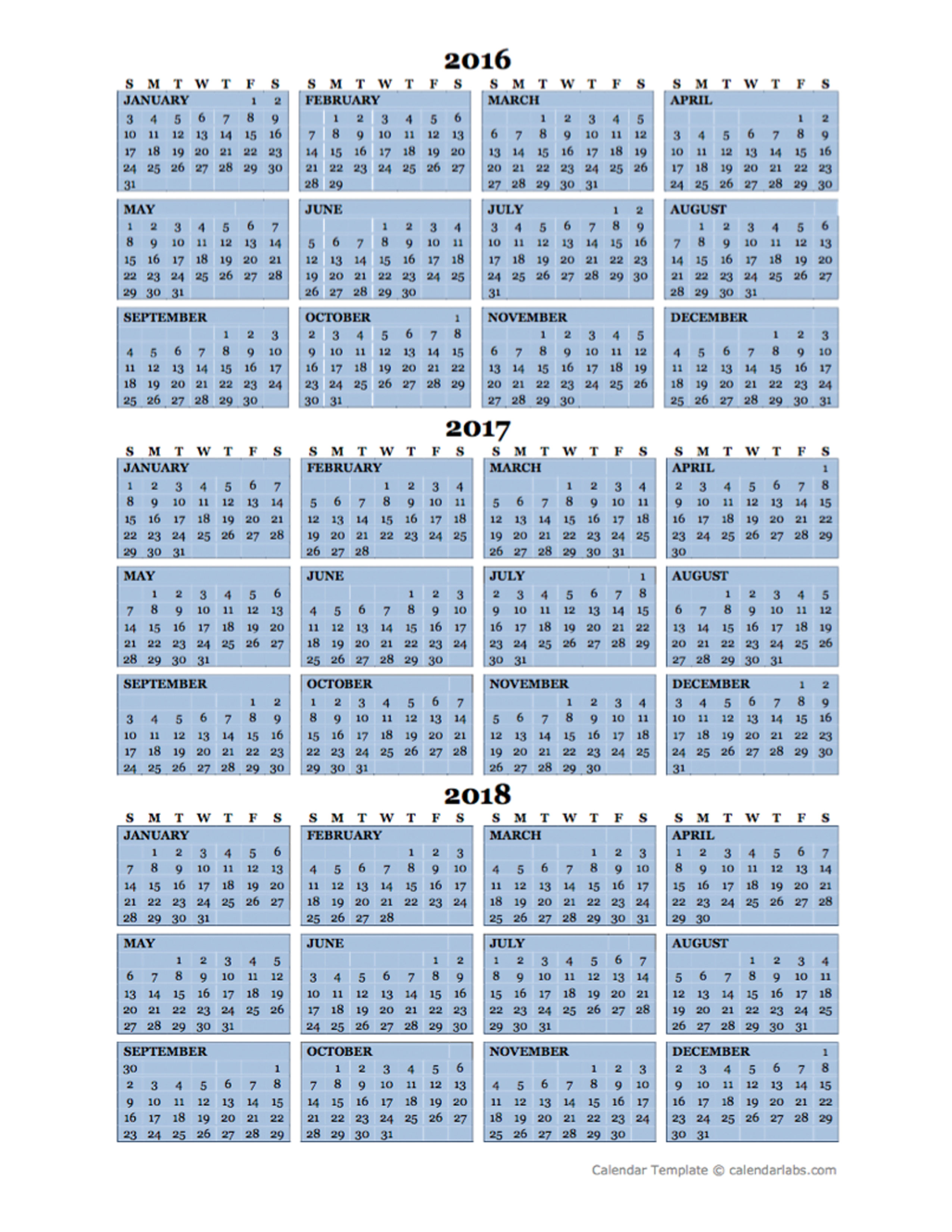 Three Year Calendar Template 2016 To 2018 Free Printable Templates