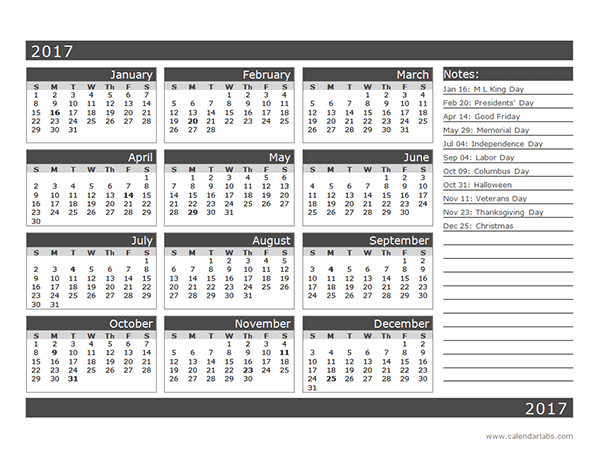 2017 12 Month Calendar Template One Page Free Printable Templates