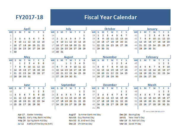 2017 Fiscal Year Calendar Template UK