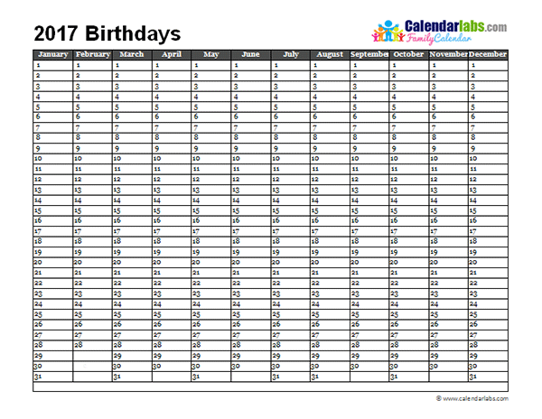 2017 Birthday Calendar Template