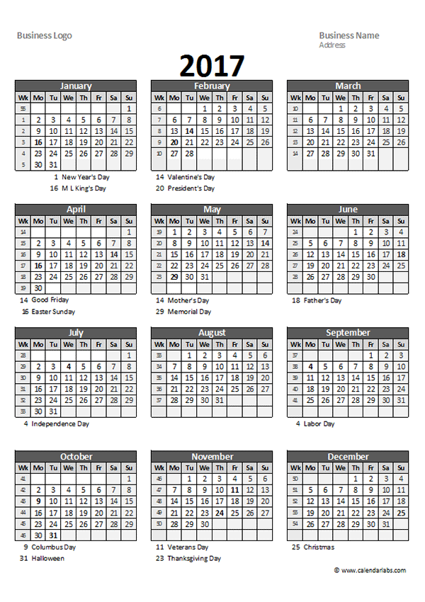 2017 Excel Yearly Business Calendar