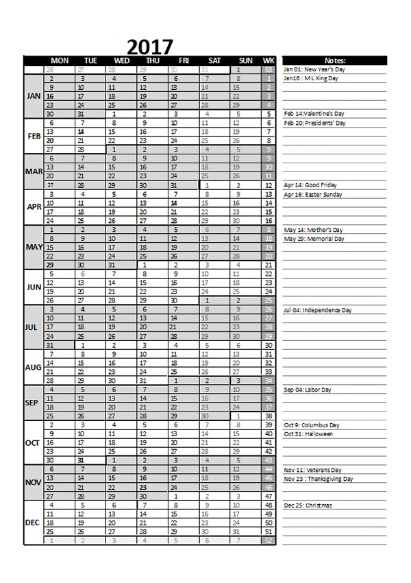 2017 Business Project Planning Calendar