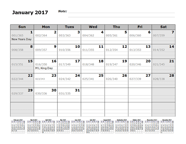 2017 Monthly Julian Calendar 12 Months Bottom